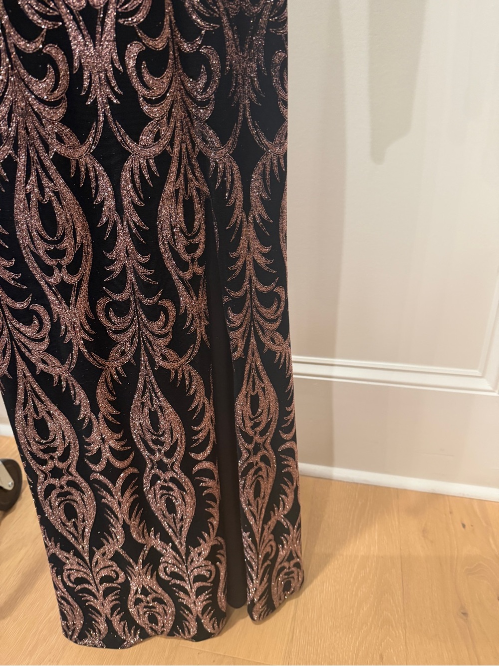 Betsy and Adam Long Sleeve Black and Rose Rose Gold Sparkle Evening Dress 4 - Picture 8 of 14